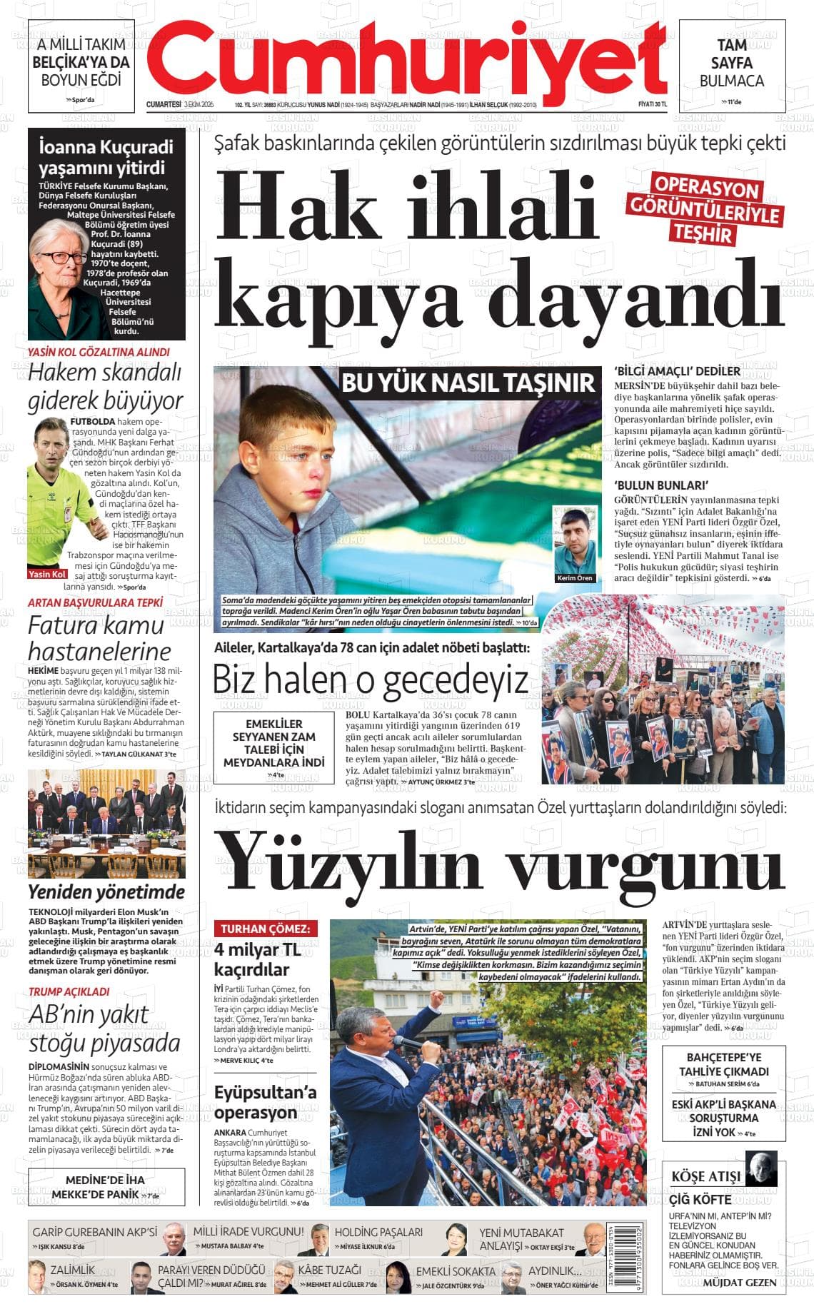 CUMHURİYET gazetesi birinci sayfası