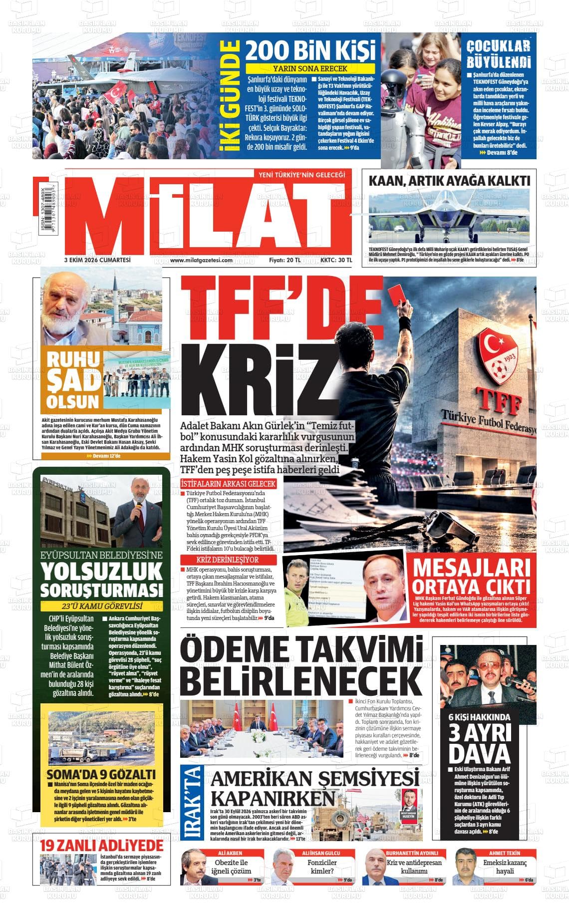MİLAT gazetesi birinci sayfası
