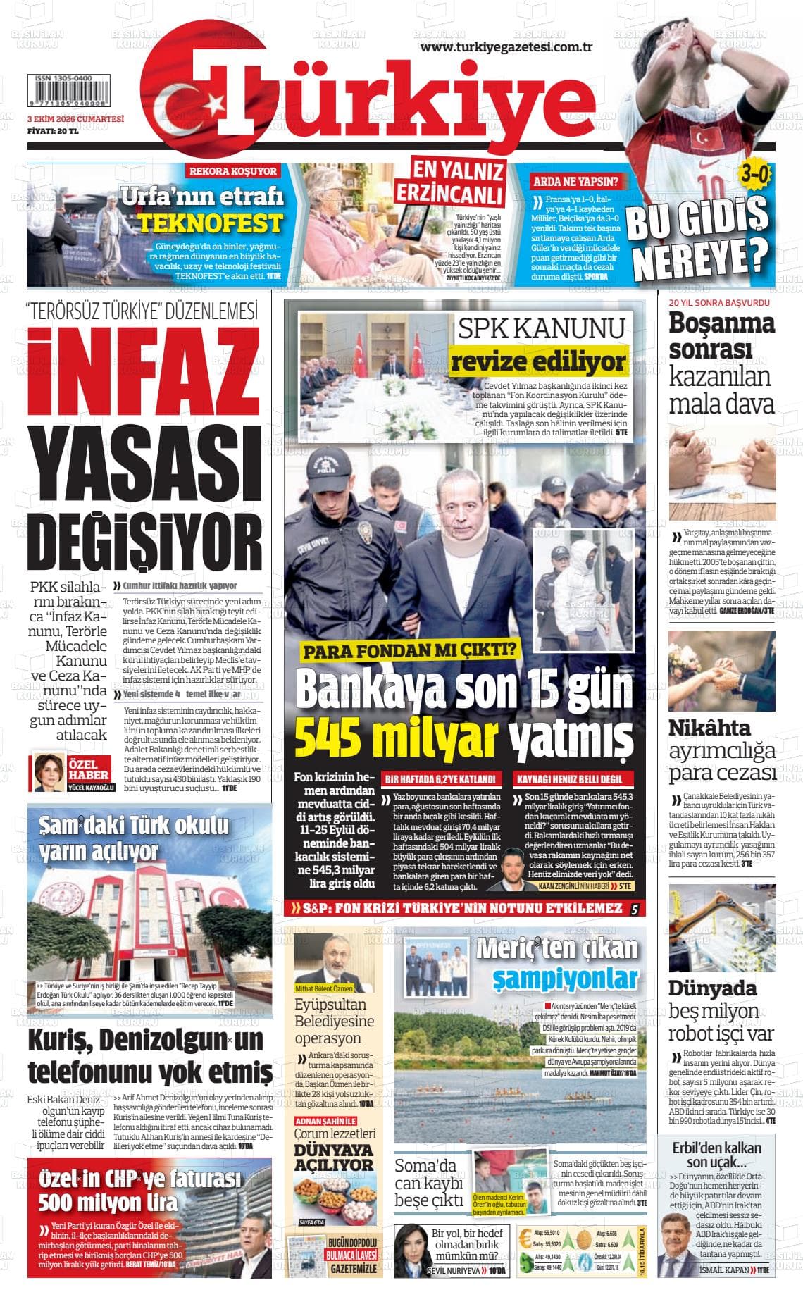 TÜRKİYE gazetesi birinci sayfası