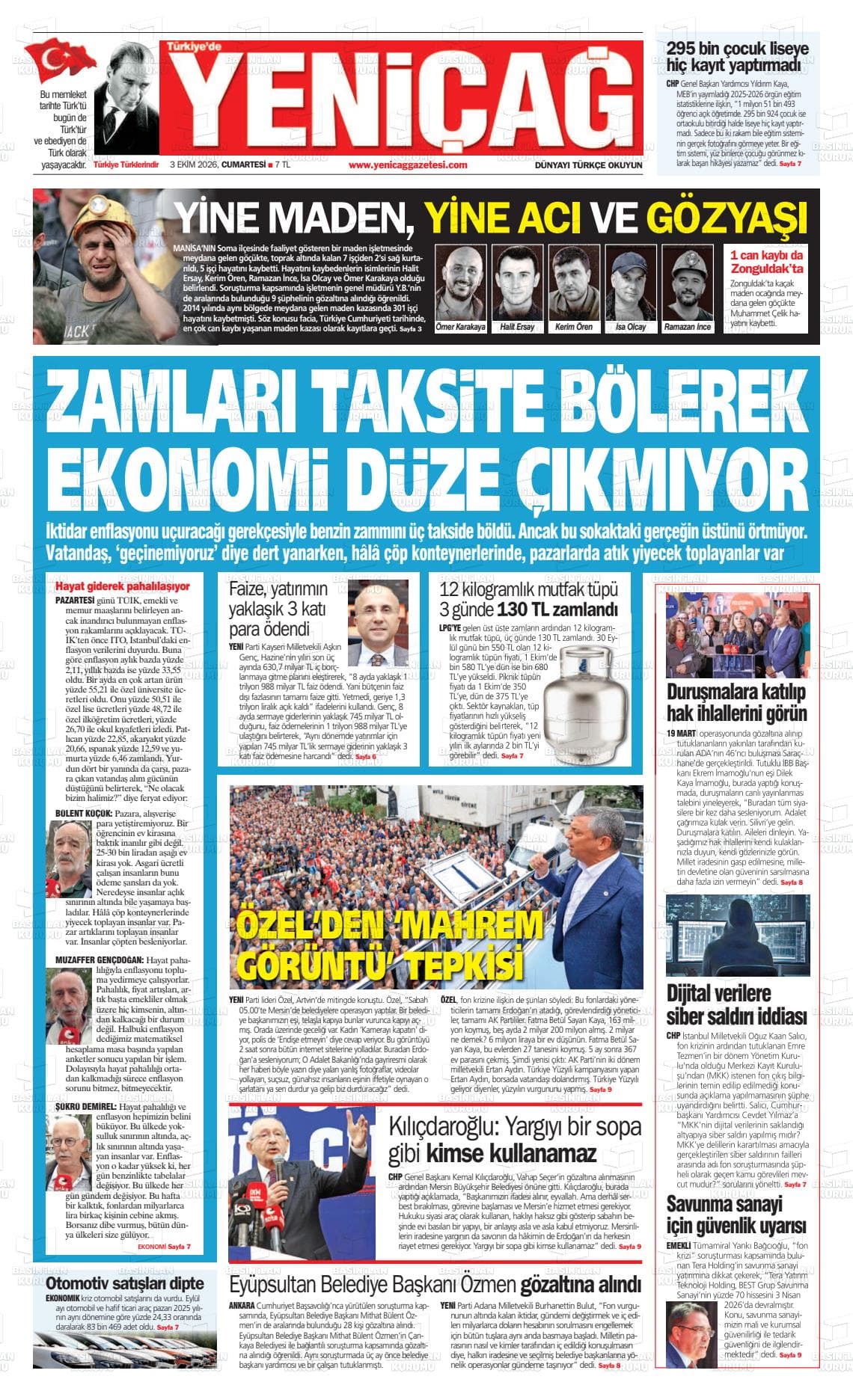YENİÇAĞ gazetesi birinci sayfası