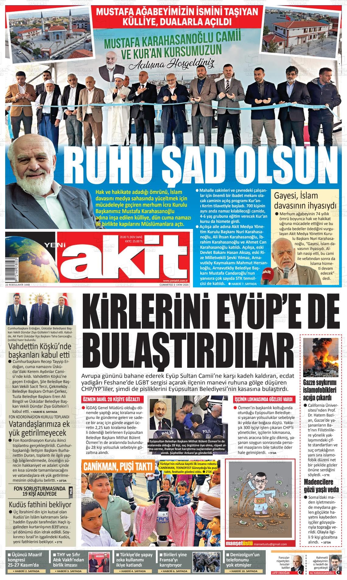 YENİ AKİT gazetesi birinci sayfası