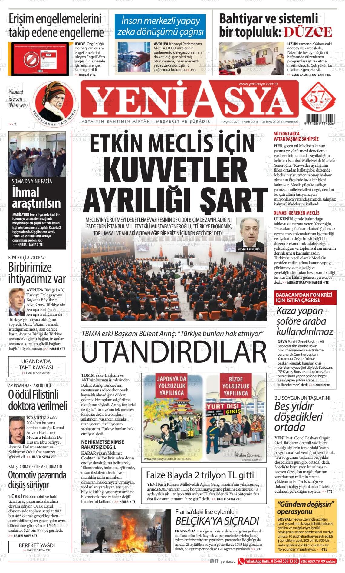 YENİ ASYA gazetesi birinci sayfası