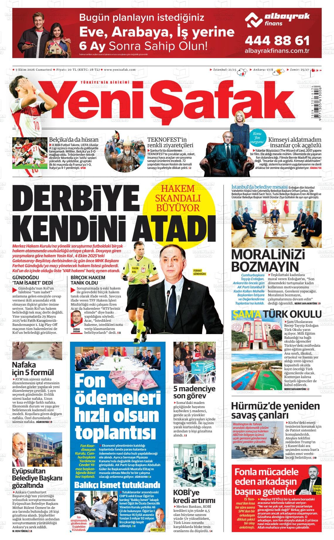 YENİ ŞAFAK gazetesi birinci sayfası