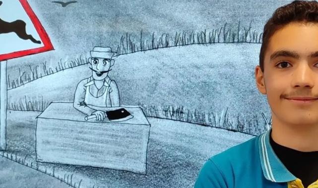 Sinoplu öğrenci çizdiği karikatürle dünya birincisi oldu
